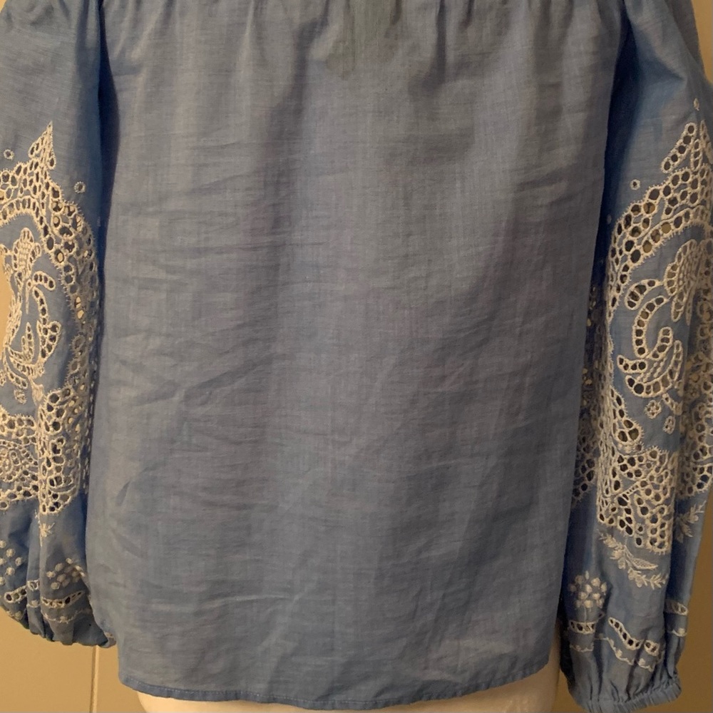 Yoana Baraschi Off-The-Shoulder Blouse Cotton Eyelet Sleeves Blue XS EUC - Picture 5 of 8